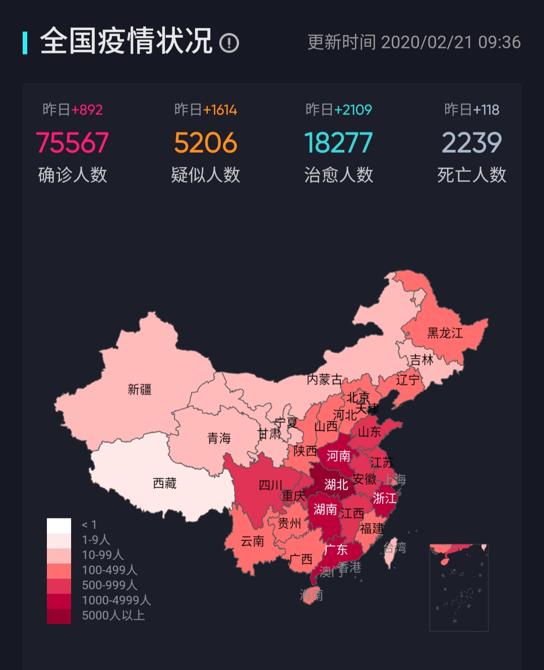 全國全球疫情 更新時間2020/02/21/09:36